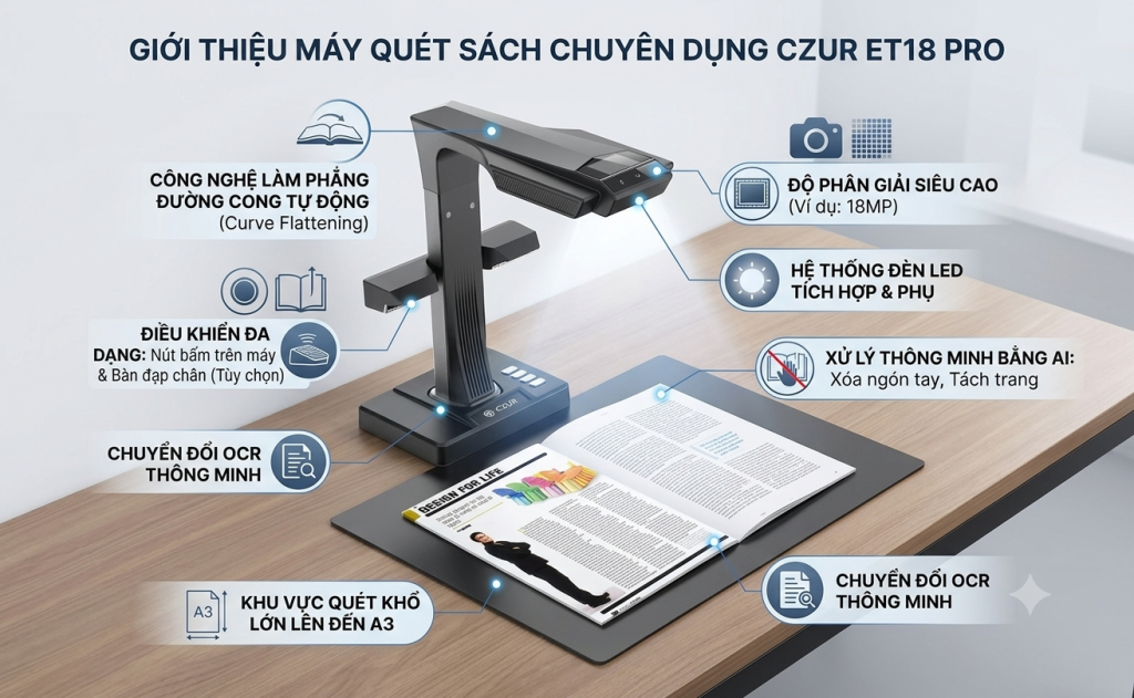 Czur ET18 Pro: Máy scan sách chuyên dụng khổ A3